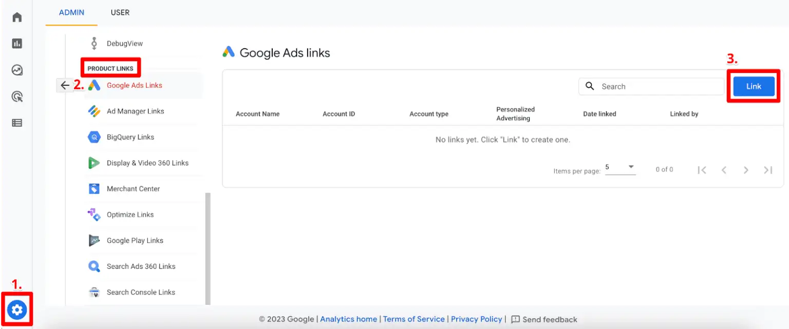 GA4 admin interface showing Google Ads