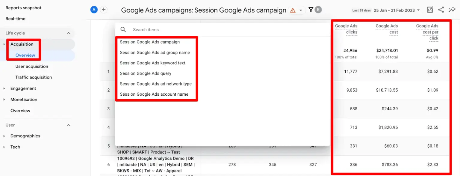 Google-Ads-4-report-in-GA4-showing-available-dimensions-and-cost-metrics