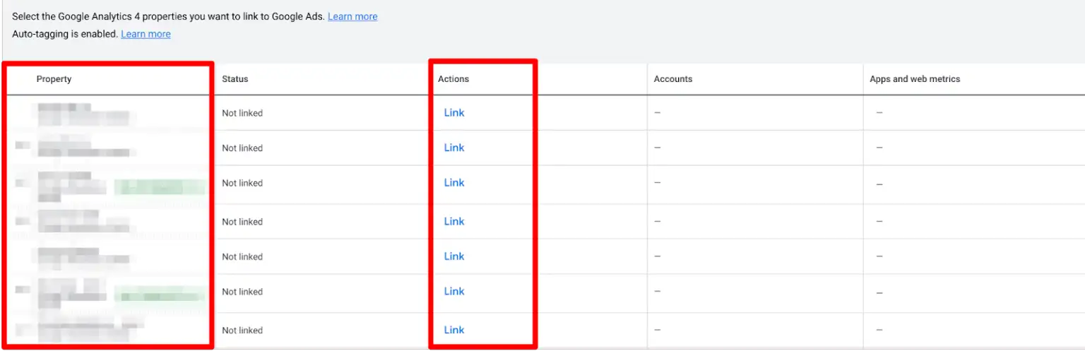 Google Ads showing accessible-GA4 accounts to link