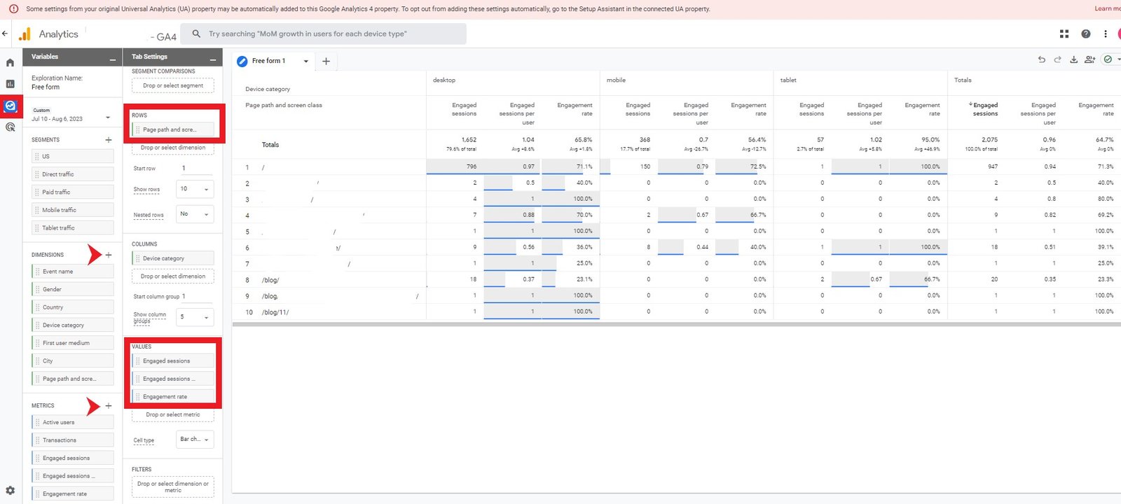 Engagement Rate Exploration Report GA4 